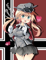 Rule 34 | 1girl, aqua eyes, black skirt, blonde hair, blush, collarbone, cowboy shot, fang, grey hat, hair between eyes, hat, heart, highres, kantai collection, long hair, long sleeves, low twintails, military, military hat, military uniform, miniskirt, open mouth, peaked cap, pleated skirt, prinz eugen (kancolle), rurisakura, skirt, smile, solo, translation request, twintails, uniform
