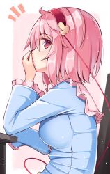 Rule 34 | ^^^, 1girl, blue shirt, blush, breasts, chair, head rest, desk, frilled shirt collar, frills, from side, hairband, heart, highres, komeiji satori, large breasts, long sleeves, looking at viewer, ominaeshi (takenoko), parted lips, pink eyes, pink hair, profile, red hairband, shirt, short hair, sitting, solo, touhou, upper body, wide sleeves