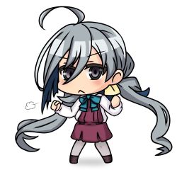 Rule 34 | 1girl, :&lt;, puff of air, ahoge, boots, bow, bowtie, chibi, clenched hand, cross-laced footwear, dress, ganbaru pose, grey eyes, grey hair, grey pantyhose, hair between eyes, hair bun, halterneck, kantai collection, kiyoshimo (kancolle), lace-up boots, long hair, looking at viewer, low twintails, multicolored hair, nemuou, pantyhose, pleated dress, purple dress, shirt, simple background, single hair bun, solo, standing, twintails, very long hair, white background, white shirt