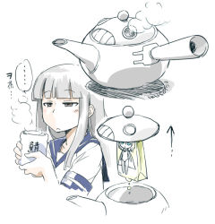 Rule 34 | ..., 10s, 2girls, :&lt;, abyssal ship, blue eyes, brown eyes, cup, hatsuyuki (kancolle), ikusotsu, kantai collection, multiple girls, simple background, smoke, teabag, teacup, teapot, translation request, white hair, wo-class aircraft carrier, yunomi