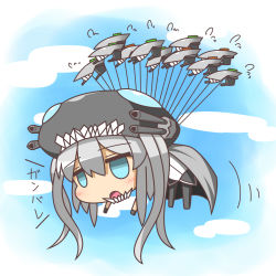Rule 34 | 10s, 1girl, abyssal ship, blue eyes, cape, chibi, enemy aircraft (kancolle), feiton, highres, kantai collection, monster, open mouth, pantyhose, personification, silver hair, solo, turret, wo-class aircraft carrier