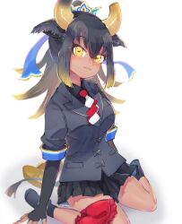 Rule 34 | 1girl, :3, animal ears, arms at sides, black gloves, black hair, black shirt, black skirt, blonde hair, broken horn, closed mouth, collared shirt, dark-skinned female, dark skin, double-parted bangs, elbow gloves, extra ears, eyelashes, fanged bangs, fingerless gloves, gloves, goshingyu-sama (kemono friends), grey hair, grey horns, grey jacket, hair between eyes, hand rest, highres, horizontal pupils, horns, jacket, kemono friends, kemono friends 3, light blush, long hair, looking at viewer, miniskirt, multicolored hair, multicolored horns, multicolored necktie, necktie, ox ears, ox girl, ox horns, shirt, short sleeves, sitting, skirt, smile, socks, solo, spread fingers, tail, tatsuno newo, two-tone necktie, wariza, wing collar, yellow eyes, yellow horns