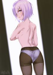 Rule 34 | 1girl, ass, bare back, black pantyhose, breasts, cowboy shot, fate/grand order, fate (series), from behind, hair over one eye, highres, looking back, mash kyrielight, medium breasts, open mouth, panties, panties under pantyhose, pantyhose, profile, purple eyes, purple hair, short hair, sketch, solo, topless, twitter username, underwear, you06