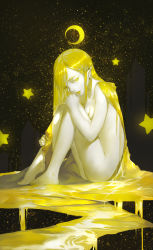 Rule 34 | 1girl, absurdly long hair, absurdres, barefoot, blonde hair, breasts, cleavage, collarbone, colored eyelashes, commentary, crescent moon, earrings, eyes visible through hair, full body, hair between eyes, hand on own knee, highres, jewelry, knees to chest, lipstick, long hair, looking at viewer, makeup, moon, night, night sky, nose, nude, original, parted lips, pointy ears, sitting, sky, small breasts, solo, star (sky), star (symbol), starry sky, very long hair, yellow eyes, yellow lips, yellow theme, zhiyan li