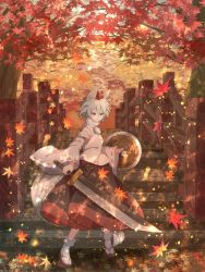 Rule 34 | 1girl, :o, absurdres, animal ears, autumn leaves, black socks, bridge, cattleya (a yel ttac), commentary, detached sleeves, falling leaves, forest, full body, geta, grey hair, hair between eyes, hat, highres, holding, holding shield, holding sword, holding weapon, inubashiri momiji, leaf, looking at viewer, maple leaf, nature, open mouth, outdoors, pom pom (clothes), railing, red eyes, red footwear, red hat, ribbon-trimmed sleeves, ribbon trim, sarashi, shield, shirt, short hair, sleeveless, sleeveless shirt, socks, solo, sword, tail, tengu-geta, tokin hat, touhou, v-shaped eyebrows, weapon, white shirt, white sleeves, white socks, wide sleeves, wolf ears, wolf girl, wolf tail