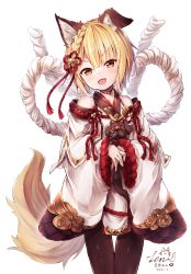 Rule 34 | 1girl, :d, absurdres, animal, animal ears, artist name, black pantyhose, blonde hair, braid, choker, cowboy shot, dated, dog, dog ears, dog tail, garjana, granblue fantasy, hair ornament, highres, holding, holding animal, japanese clothes, long sleeves, looking at viewer, open mouth, pantyhose, rope, shimenawa, short hair, signature, simple background, smile, solo, sorairo len, standing, tail, vajra (granblue fantasy), white background, wide sleeves, yellow eyes