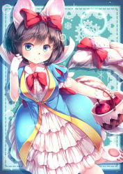 Rule 34 | 1girl, absurdres, animal ears, animal hands, apple, basket, black hair, blue border, blue dress, blue eyes, blush, book, border, bow, bowtie, breasts, center frills, collared dress, commentary request, cowboy shot, dress, drop shadow, duel monster, fairy tail snow, food, frilled dress, frills, fruit, hair bow, hand in own hair, highres, holding, holding basket, kanzakietc, large breasts, lens flare, looking at viewer, open book, puffy short sleeves, puffy sleeves, red bow, red bowtie, short hair, short sleeves, sidelocks, smile, snout, solo, sparkle, squirrel ears, squirrel girl, squirrel tail, standing, standing on one leg, tail, tail bow, tail ornament, white dress, yu-gi-oh!