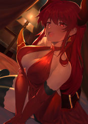 Rule 34 | 1girl, :d, absurdres, bed sheet, black thighhighs, blush, breasts, cleavage, cleavage cutout, clothing cutout, commentary request, dola (nijisanji), dragon girl, dragon horns, dragon tail, dress, dutch angle, earrings, elbow gloves, fang, gloves, halter dress, halterneck, hati105, highres, horns, jewelry, lamp, large breasts, long hair, looking at viewer, nijisanji, on bed, open mouth, red dress, red eyes, red gloves, red hair, sidelocks, sitting, sleeveless, sleeveless dress, smile, solo, tail, thighhighs, very long hair, virtual youtuber, yokozuwari
