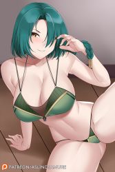 Rule 34 | 1girl, adapted costume, aslindsamure, bikini, blush, braid, braided ponytail, breasts, cameltoe, cleavage, commentary, english commentary, fire emblem, fire emblem heroes, green bikini, green hair, grin, hair over one eye, hand in own hair, highres, indoors, large breasts, looking at viewer, medium hair, midriff, navel, nintendo, parted bangs, patreon username, see-through, sitting, smile, solo, spread legs, string bikini, swimsuit, thighs, thorr (fire emblem), wooden floor, yellow eyes