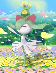 Rule 34 | absurdres, blush, budew, closed eyes, closed mouth, commentary request, creatures (company), dancing, day, falling petals, floating hair, flower, game freak, gen 3 pokemon, gen 4 pokemon, green hair, highres, kirlia, leg up, nintendo, on head, outdoors, outstretched arms, petals, pokemon, pokemon (creature), pokemon on head, q.t.2 shi, smile, standing, standing on one leg