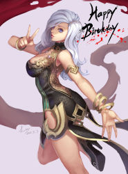 Rule 34 | 10s, 1girl, absurdres, blade &amp; soul, bracelet, dress, happy birthday, high heels, highres, jewelry, lips, loewy, long hair, looking back, open mouth, silver hair, solo, standing, standing on one leg, v