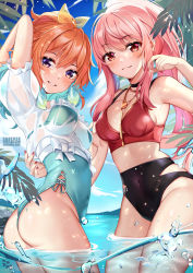Rule 34 | 2girls, alternate hairstyle, arm up, artist name, ass, bare shoulders, bikini, blue one-piece swimsuit, blue sky, bow, breasts, cleavage, cloud, day, hair bow, halterneck, highres, hololive, hololive english, in water, jewelry, long hair, looking at viewer, mori calliope, multicolored hair, multiple girls, nail polish, necklace, one-piece swimsuit, orange hair, palm tree, piercing, pink eyes, pink hair, ponytail, puffy short sleeves, puffy sleeves, purple eyes, red nails, short sleeves, sidelocks, sky, smile, squchan, swimsuit, takanashi kiara, tree, virtual youtuber, wading, watermark