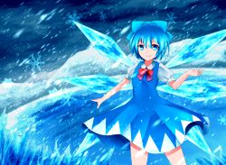 Rule 34 | &gt;:), 1girl, blizzard, blue bow, blue dress, blue eyes, blue hair, bow, bowtie, cirno, closed mouth, cowboy shot, dress, hair bow, ice, ice wings, looking at viewer, matching hair/eyes, puffy short sleeves, puffy sleeves, red bow, red bowtie, sakizaki saki-p, short hair, short sleeves, smile, snowflakes, solo, touhou, v-shaped eyebrows, wings