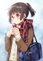 Rule 34 | 1girl, bag, bag charm, blush, box, brown cardigan, brown eyes, brown hair, brown jacket, cardigan, charm (object), closed mouth, commentary request, fringe trim, gift, gift box, glasses, hands up, highres, holding, holding gift, jacket, long sleeves, looking away, nekozuki yuki, open clothes, open jacket, original, plaid, plaid scarf, ponytail, red scarf, scarf, school bag, shirt, signature, sleeves past wrists, solo, twitter username, upper body, valentine, watermark, white shirt