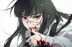 Rule 34 | 1girl, artist name, black hair, blood, blood on clothes, blood on face, blood on hands, chainsaw man, chinese commentary, commentary request, facial scar, finger to mouth, floating hair, hand up, highres, licking blood, licking lips, long hair, long sleeves, looking at viewer, portrait, red eyes, ringed eyes, san se ling (thelostcity272), scar, scar on cheek, scar on face, school uniform, serious, shirt, signature, simple background, solo, tongue, tongue out, white background, white shirt, yoru (chainsaw man)