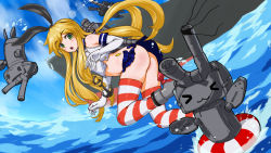 Rule 34 | 10s, 1girl, blonde hair, elbow gloves, gloves, green eyes, hairband, highres, kantai collection, lifebuoy, long hair, nora (nora7), ocean, rensouhou-chan, shimakaze (kancolle), striped clothes, striped thighhighs, swim ring, thighhighs, white gloves
