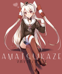 Rule 34 | 10s, 1girl, absurdres, amatsukaze (kancolle), brown eyes, character name, crossed legs, dress, gloves, hair tubes, hat, high heels, highres, kantai collection, long hair, looking at viewer, red background, sailor collar, sailor dress, scarf, school uniform, serafuku, short dress, sitting, sizimi-sijimi, smile, solo, striped clothes, striped thighhighs, thighhighs, two side up, white hair