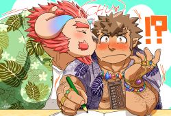 Rule 34 | 2boys, andvari (housamo), arm hair, bara, blush, chernobog (housamo), chest hair, curled horns, demon horns, facial hair, from side, furry, furry male, furry with non-furry, goatee, hawaiian shirt, highres, horns, interspecies, kiss, kissing cheek, male focus, multiple boys, muscular, muscular male, norrie (noll423z), open clothes, open shirt, orange hair, pectoral cleavage, pectorals, pencil, pink fur, pointy ears, shirt, short hair, sideburns, surprise kiss, surprised, thick eyebrows, tokyo houkago summoners, writing, yaoi
