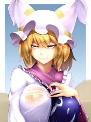 Rule 34 | 1girl, animal hat, blonde hair, breasts, color drain, commentary request, hat, highres, kikoka (mizuumi), large breasts, lips, mob cap, ofuda, mob cap, seductive smile, see-through, short hair, smile, solo, square, tabard, touhou, two-tone background, upper body, v-shaped eyebrows, water drop, wet, wet clothes, wide sleeves, yakumo ran, yellow eyes