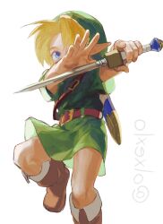 Rule 34 | 1boy, belt, blonde hair, blue eyes, boots, brown footwear, child, dagger, fighting stance, full body, hat, highres, holding, holding weapon, knee boots, knife, left-handed, link, looking at viewer, male focus, nintendo, olxexlo, pointy ears, sheath, simple background, solo, standing, the legend of zelda, the legend of zelda: ocarina of time, weapon, white background, young link