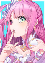 Rule 34 | 1girl, absurdres, blue background, border, crescent, crescent earrings, dress, earrings, finger to mouth, frilled dress, frills, gold earrings, green eyes, heterochromia, highres, himemori luna, himemori luna (1st costume), hiyashinssu, hololive, jewelry, long hair, looking at viewer, nail polish, open mouth, pink hair, pink nails, purple eyes, sidelocks, solo, virtual youtuber, white border, white dress