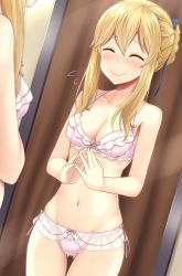 Rule 34 | 1girl, bare arms, bare shoulders, black ribbon, blonde hair, bow, bra, braid, breasts, clarice (idolmaster), cleavage, closed mouth, collarbone, dutch angle, flying sweatdrops, gluteal fold, hair ribbon, highres, idolmaster, idolmaster cinderella girls, lingerie, long hair, medium breasts, navel, oga raito, own hands together, panties, pink bow, pink bra, reflection, ribbon, see-through, sidelocks, smile, solo, stomach, swimsuit, thigh gap, underwear, underwear only, wavy mouth