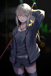 Rule 34 | 1girl, absurdres, arm behind head, arm up, artoria pendragon (all), artoria pendragon (fate), belt, belt buckle, black jacket, black shorts, black thighhighs, blonde hair, blurry, blurry background, buckle, cowboy shot, fate/grand order, fate (series), hair ribbon, hand in pocket, highres, holding, jacket, jewelry, long hair, long sleeves, looking at viewer, necklace, official alternate costume, ponytail, ribbon, rolua, saber alter, saber alter (ver. shinjuku 1999) (fate), shorts, sidelocks, smile, solo, sparkle, thighhighs, weapon, yellow eyes
