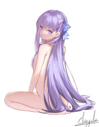 Rule 34 | 1girl, blue eyes, blue ribbon, blush, breasts, completely nude, fate/extra, fate/extra ccc, fate (series), hair ribbon, highres, long hair, looking at viewer, looking back, meltryllis (fate), nude, purple hair, ribbon, seiza, simple background, sitting, small breasts, solo, spider apple, very long hair, white background