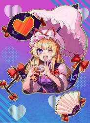 1girl a12_a_ini absurdres blonde_hair blue_eyes blush commission dress gap_(touhou) hat heart heart_hands highres long_hair long_sleeves mob_cap nail_polish purple_tabard ribbon smile tabard touhou umbrella white_dress yakumo_yukari