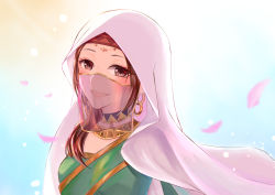 Rule 34 | 1girl, :d, absurdres, alone saepyon, arabian clothes, brown eyes, brown hair, cherry blossoms, commentary request, dress, earrings, falling petals, fate/grand order, fate (series), green dress, highres, hoop earrings, jewelry, long hair, looking at viewer, mouth veil, open mouth, petals, siduri (fate), smile, solo, veil, white hood