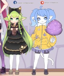 Rule 34 | 2girls, alternate hair color, alternate hairstyle, beancurd, black dress, blue hair, bow, braid, child, chocolate milk, coat, cotton candy, dress, drink, green hair, highres, league of legends, long hair, lulu (league of legends), magical girl, multiple girls, pointy ears, poppy (league of legends), shorts, star guardian (league of legends), star guardian lulu, star guardian poppy, tail, twintails, yordle