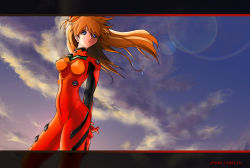 Rule 34 | 00s, 1girl, arms behind back, bad id, bad pixiv id, blue eyes, bodysuit, character name, cloud, cowboy shot, evangelion: 2.0 you can (not) advance, floating hair, from side, gloves, hair between eyes, hair ornament, hairclip, highres, lens flare, letterboxed, long hair, looking to the side, neon genesis evangelion, open mouth, orange hair, outdoors, parted lips, pilot suit, plugsuit, rebuild of evangelion, red hair, ron (metropolis), sad, skinny, sky, smile, solo, souryuu asuka langley, transparent, turtleneck, wind