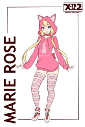 Rule 34 | 1girl, alternate costume, animal ears, animal hood, blonde hair, blue eyes, cat ears, cat girl, cat hood, character name, choker, dead or alive, dead or alive 5, female focus, flat color, full body, hood, hoodie, looking at viewer, low twintails, marie rose, no pants, parted lips, shoes, sneakers, solo, striped clothes, striped thighhighs, thighhighs, twintails, watermark, web address, white background, x-t3al