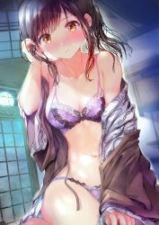 Rule 34 | 1girl, absurdres, bare shoulders, blush, bra, brown hair, character request, copyright request, highres, japanese clothes, kimono, lace, lace bra, lace panties, lingerie, looking at viewer, ogata tei, open clothes, open kimono, panties, ponytail, solo, underwear, yellow eyes, yukata