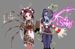 Rule 34 | 2girls, antennae, arthropod girl, bad id, bad pixiv id, blue hair, blue skin, breasts, bug, character name, colored skin, double bun, dress, entoma vasilissa zeta, fangs, grey background, hair over one eye, highres, japanese clothes, kimono, korean commentary, leviathan (skullgirls), long sleeves, looking at viewer, maid, maid headdress, mixed-language commentary, multiple girls, overlord (maruyama), purple hair, red eyes, scar, scar across eye, scar on face, side ponytail, simple background, skull, skullgirls, smile, squigly (skullgirls), striped, undead, wa maid, wide sleeves, x-ray, zombie