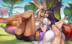 Rule 34 | 2girls, absurdres, animal ears, anklet, warrior of light (ff14), barefoot, brown eyes, chakram, character request, dark-skinned female, dark skin, dress, ears through headwear, eyewear on head, feet, final fantasy, final fantasy xiv, highres, jewelry, kacyu, looking at another, multiple girls, necklace, purple eyes, purple hair, rabbit ears, rabbit girl, revealing clothes, ring, shirt, sunglasses, sunglasses on head, toes, viera, weapon, white dress, white hair, white shirt, yuri