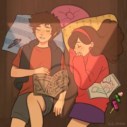 Rule 34 | 1boy, 1girl, blue jacket, blue vest, book, brother and sister, brown eyes, brown hair, closed eyes, dipper pines, drawing (object), earrings, elle draws, freckles, gravity falls, grey shorts, hairband, heart, heart earrings, highres, jacket, jewelry, long hair, lying, mabel pines, marker, multicolored nails, on back, on side, parted lips, pen, pencil, pillow, pink hairband, pink sweater, profile, purple skirt, red shirt, shirt, shorts, siblings, sketchbook, skirt, sleeping, sleeveless, sleeveless jacket, sweater, t-shirt, turtleneck, turtleneck sweater, twins, twitter username, unicorn, vest, wooden floor