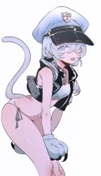 Rule 34 | 1girl, :p, animal hands, bare legs, bikini, black jacket, blue archive, blue bikini, blue eyes, cat paws, cat tail, ddari, gloves, hair between eyes, hair over one eye, hat, highres, jacket, looking at viewer, navel, revision, side-tie bikini bottom, sidelocks, simple background, sleeveless, sleeveless jacket, smile, solo, standing, swimsuit, tail, thighs, tongue, tongue out, valkyrie police academy student (blue archive), valkyrie police academy student (sg) (blue archive), white background, white hat