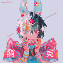 Rule 34 | 1boy, animal ears, bandaid, bandaid on clothes, black hair, blood, blood from mouth, blue eyes, bracelet, fake animal ears, hands on own face, heterochromia, jewelry, looking at viewer, male focus, multicolored hair, nail polish, open mouth, original, rabbit ears, red eyes, short hair, simple background, smile, solo, split-color hair, two-tone hair, u369, visor cap, white hair