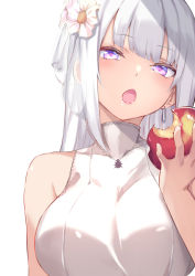 Rule 34 | 1girl, :o, bare shoulders, blush, commentary, earrings, english commentary, flower, food, fruit, hair flower, hair ornament, head tilt, highres, holding, holding food, holding fruit, hoop earrings, jewelry, long hair, looking at viewer, open mouth, original, pink flower, purple hair, saliva, silver hair, sleeveless, solo, spider apple, upper body