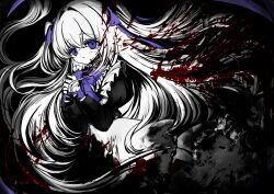 Rule 34 | 1girl, absurdres, blood, blood in hair, blood splatter, blue bow, blue bowtie, blue eyes, blue ribbon, bound, bound wrists, bow, bowtie, commentary request, crossed bangs, dress, floating hair, greyscale, hair intakes, hair ribbon, highres, juliet sleeves, long hair, long sleeves, monochrome, original, own hands together, parted lips, puffy sleeves, raiyo (pixiv16261673), ribbon, sleeves past elbows, solo, spot color, straight hair, tareme, two side up, upper body, very long hair
