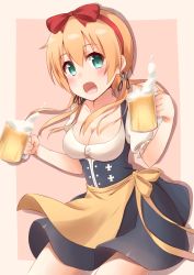 Rule 34 | 10s, 1girl, :o, absurdres, alcohol, apron, bad id, bad pixiv id, beer, blush, bow, breasts, cleavage, collarbone, cowboy shot, dirndl, dress, drink, frills, froth, german clothes, green eyes, hair bow, hairband, highres, kantai collection, kapatarou, looking at viewer, low twintails, open mouth, pink background, prinz eugen (kancolle), puffy short sleeves, puffy sleeves, short hair, short sleeves, simple background, solo, traditional clothes, twintails, waist apron