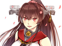 Rule 34 | 10s, 1girl, bai lao shu, blush, brown hair, cherry blossoms, flower, hair flower, hair ornament, kantai collection, long hair, looking at viewer, ponytail, solo, very long hair, yamato (kancolle)