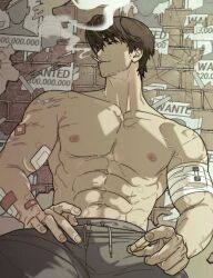 Rule 34 | 1boy, abs, bandaid, bandaid on arm, bara, brown hair, cigarette, facial hair, highres, large pectorals, looking to the side, male focus, muscular, muscular male, na-eun (ejdbvaaqup08jfy), nipples, original, pants, pectorals, scar, short hair, smoking, solo, stomach, stubble, thick eyebrows, topless male, track pants, veins, veiny arms