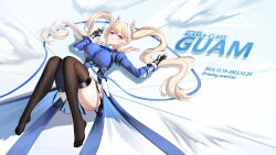 Rule 34 | 1girl, :q, absurdres, artist name, ass, azur lane, black gloves, black thighhighs, blonde hair, blue dress, blue leotard, blue ribbon, breasts, buckle, character name, commentary request, completion time, copyright name, dress, facial mark, fingerless gloves, full body, gloves, guam (azur lane), hair between eyes, heart, heart facial mark, highleg, highleg leotard, highres, large breasts, leotard, long hair, long sleeves, looking at viewer, lying, neck ribbon, no shoes, on back, pelvic curtain, purple eyes, ribbon, shadow, sidelocks, skindentation, smile, snap-fit buckle, solo, star-shaped pupils, star (symbol), symbol-shaped pupils, thighhighs, thunder-35, tongue, tongue out, twintails, v, very long hair