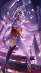 Rule 34 | 1girl, armor, braid, breasts, bridal gauntlets, commentary request, electricity, flower, from behind, genshin impact, hair ornament, highres, japanese clothes, kimono, long hair, long sleeves, looking at viewer, looking back, mikatsuki sarasa, obi, open mouth, purple eyes, purple flower, purple hair, raiden shogun, ribbon, sash, shoulder armor, solo, standing, tassel, thighhighs, torii, wide sleeves