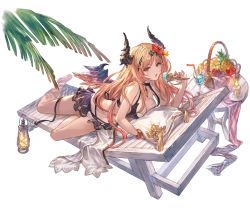 Rule 34 | 1girl, apple, bare legs, barefoot, basket, beach chair, bikini, blonde hair, bracelet, breasts, brown eyes, candle, choker, cleavage, cream, cup, dark angel olivia, drinking glass, drinking straw, flower, food, fruit, full body, gradient hair, granblue fantasy, grapes, hair flower, hair ornament, hibiscus, holding, horns, ice cream, ice cream cone, jewelry, long hair, looking at viewer, lying, medium breasts, minaba hideo, multicolored hair, official art, olivia (summer) (granblue fantasy), on stomach, open mouth, orange (fruit), orange slice, palm leaf, pillow, pineapple, red hair, shingeki no bahamut, single horn, solo, swimsuit, table, transparent background, wings