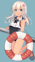 Rule 34 | 10s, 1girl, blue eyes, collarbone, fang, flower, hair flower, hair ornament, highres, kantai collection, lifebuoy, long hair, looking at viewer, open mouth, ro-500 (kancolle), sailor collar, school swimsuit, shone, simple background, slippers, solo, swim ring, swimsuit, tan, torpedo, white hair