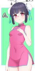 Rule 34 | 1girl, black hair, blue archive, blush, breasts, bun cover, china dress, chinese clothes, cowboy shot, double bun, dress, hair bun, halo, hand on own chest, highres, hururu game, impossible clothes, looking at viewer, miyu (blue archive), navel, red eyes, side slit, skin tight, sleeveless, sleeveless dress, small breasts, solo, squiggle, sweat