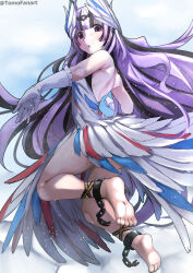 Rule 34 | 1girl, absurdres, bare shoulders, barefoot, black hair, commission, cuffs, dress, feather hair ornament, feathers, feet, fire emblem, fire emblem engage, gloves, grey hair, hair ornament, highres, legs, long hair, looking at viewer, looking back, multicolored hair, nintendo, petite, purple eyes, shackles, simple background, soles, solo, tomodachi (tomofanart), twitter username, two-tone hair, very long hair, veyle (fire emblem), wavy hair, white gloves
